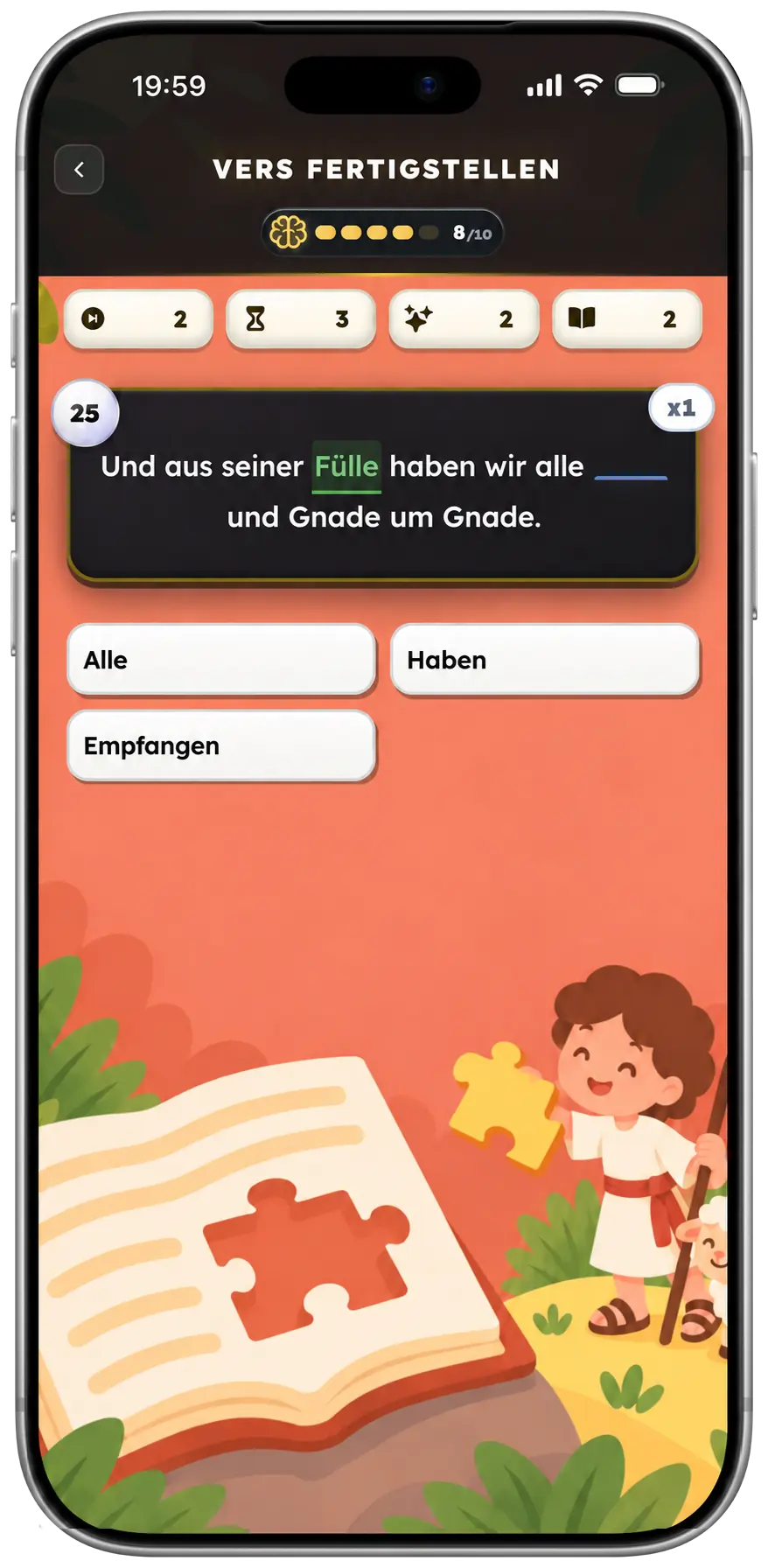 Spielansicht zum Vervollständigen des Verses
