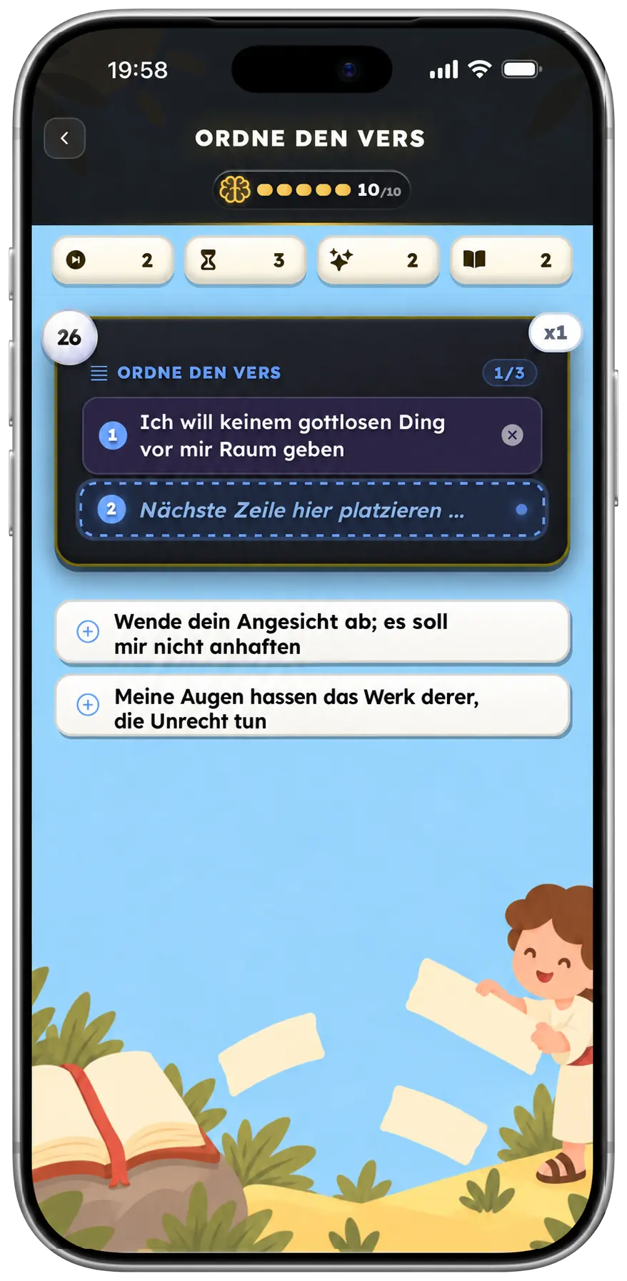 Spielansicht zum Ordnen der Verszeilen