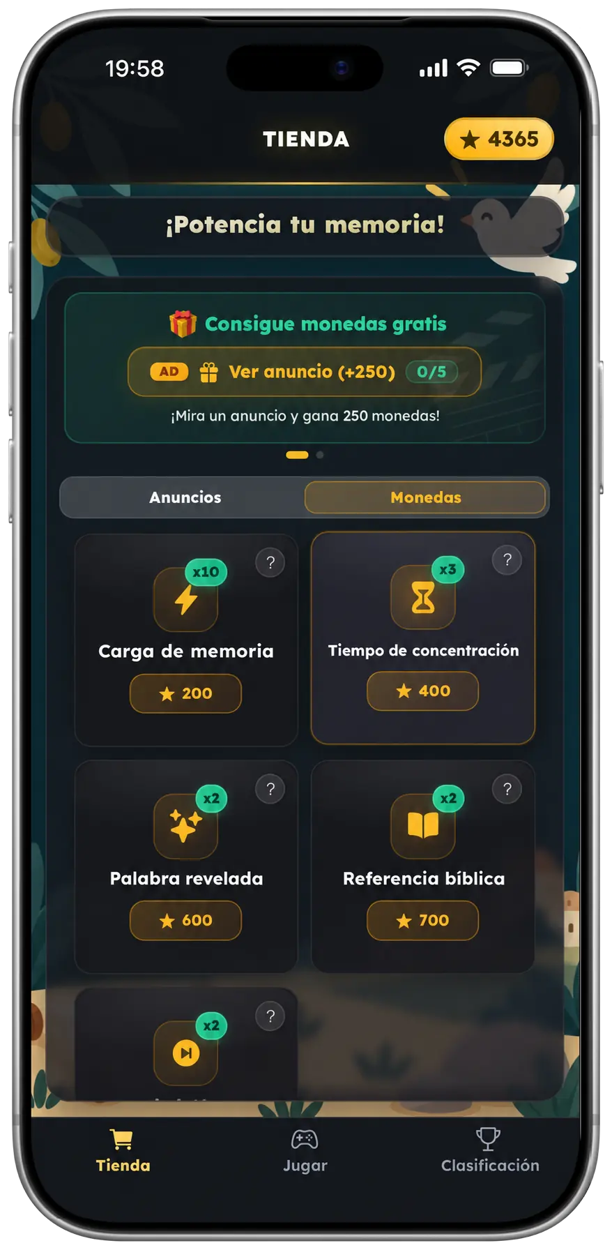 Pantalla de la tienda del juego
