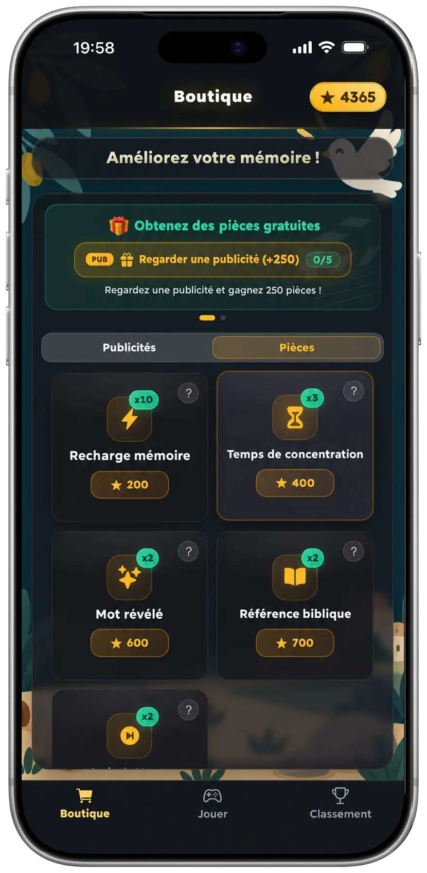 Écran de la boutique du jeu