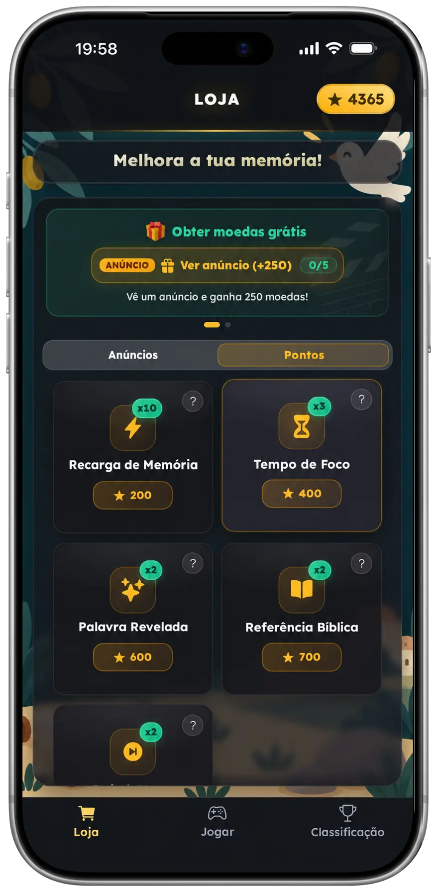 Ecrã da loja do jogo
